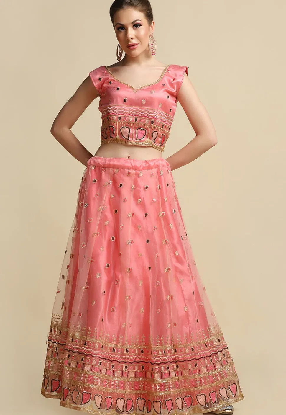 Embroidered Net Lehenga in Peach