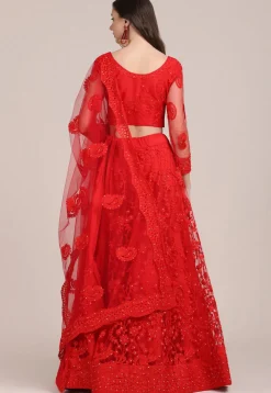 Embroidered Net Lehenga in Red