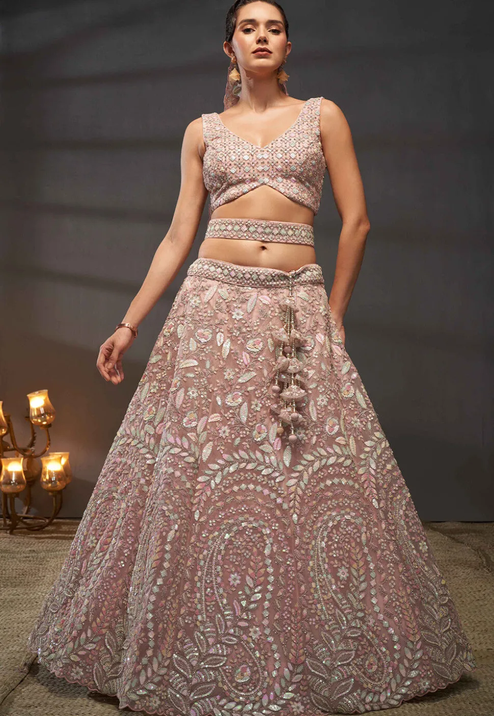 Embroidered Net Lehenga in Peach