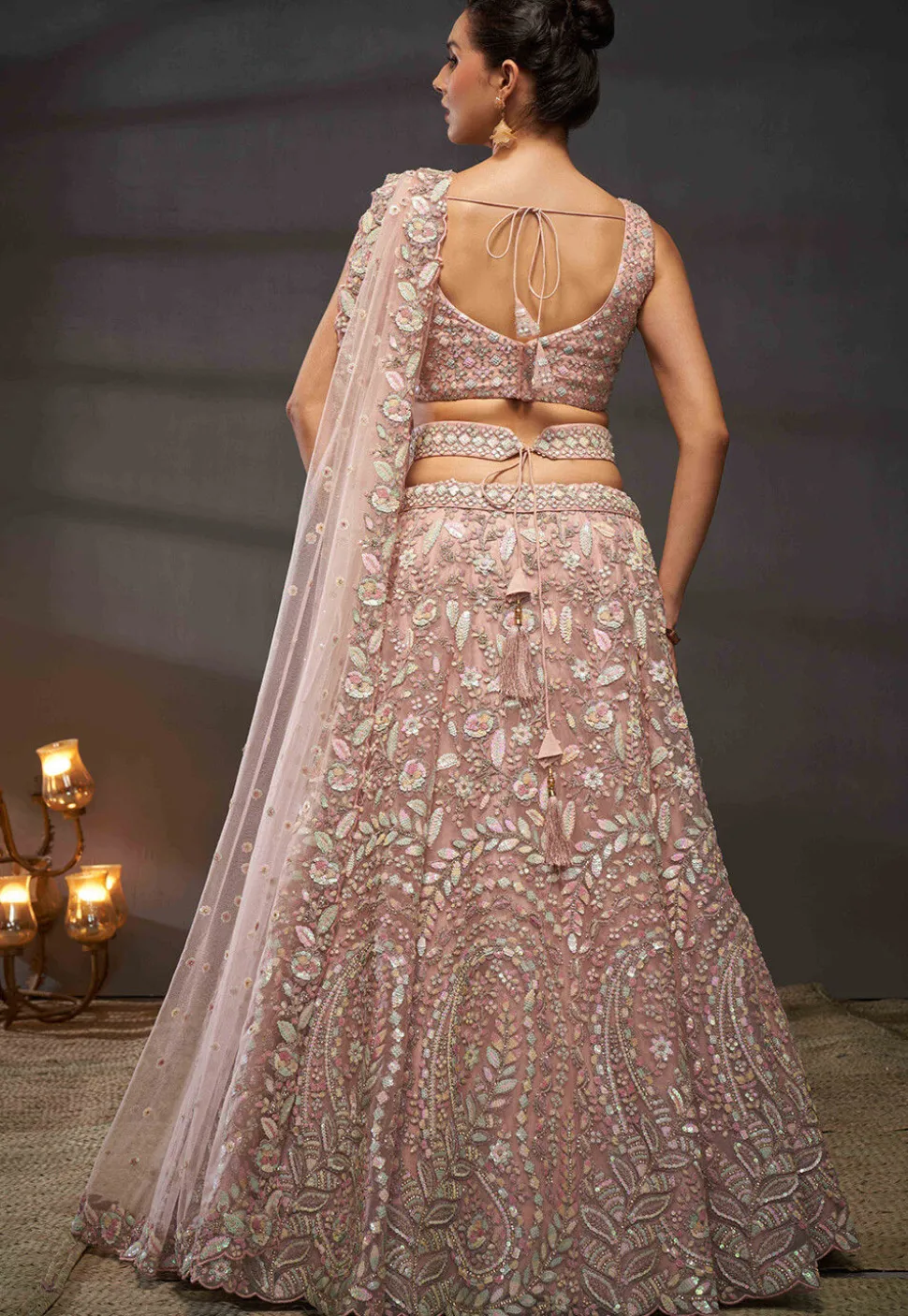 Embroidered Net Lehenga in Peach