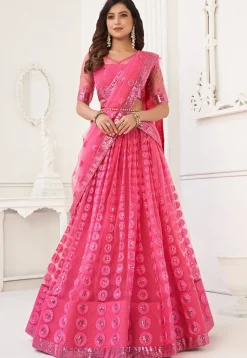 Embroidered Net Lehenga in Pink