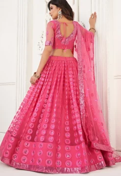 Embroidered Net Lehenga in Pink