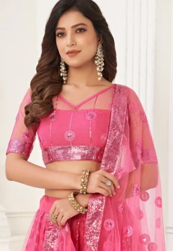 Embroidered Net Lehenga in Pink