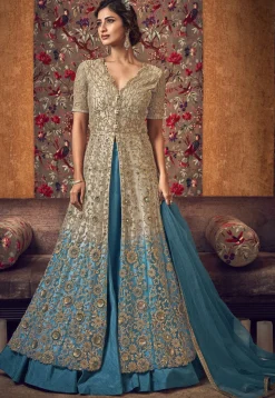 Embroidered Net Lehenga in Shaded Beige and Blue