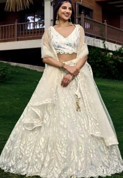 Embroidered Net Lehenga in Off White