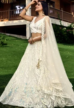 Embroidered Net Lehenga in Off White
