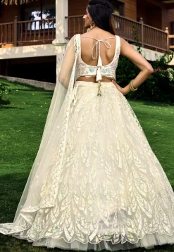 Embroidered Net Lehenga in Off White