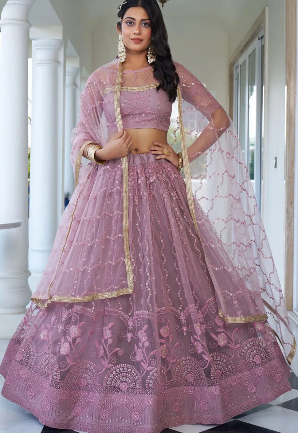 Embroidered Net Lehenga in Light Purple