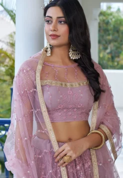 Embroidered Net Lehenga in Light Purple