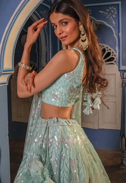 Embroidered Net Lehenga in Pastel Blue