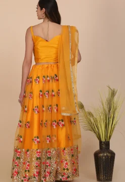 Embroidered Net Lehenga in Yellow
