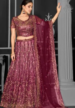 Embroidered Net Lehenga in Wine