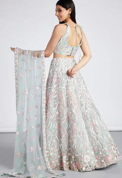 Embroidered Net Lehenga in Sea Green