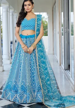 Embroidered Net Lehenga in Sky Blue