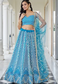 Embroidered Net Lehenga in Sky Blue