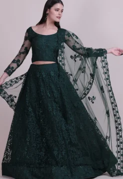 Embroidered Net Lehenga in Dark Green