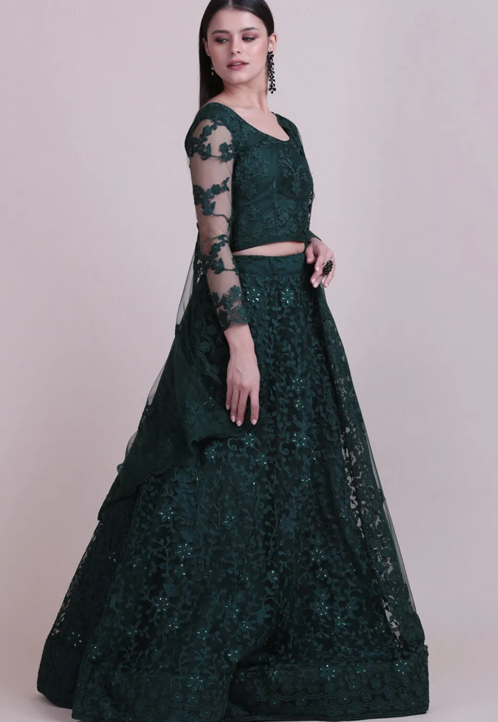 Embroidered Net Lehenga in Dark Green