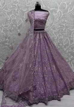 Embroidered Net Lehenga in Purple