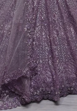 Embroidered Net Lehenga in Purple