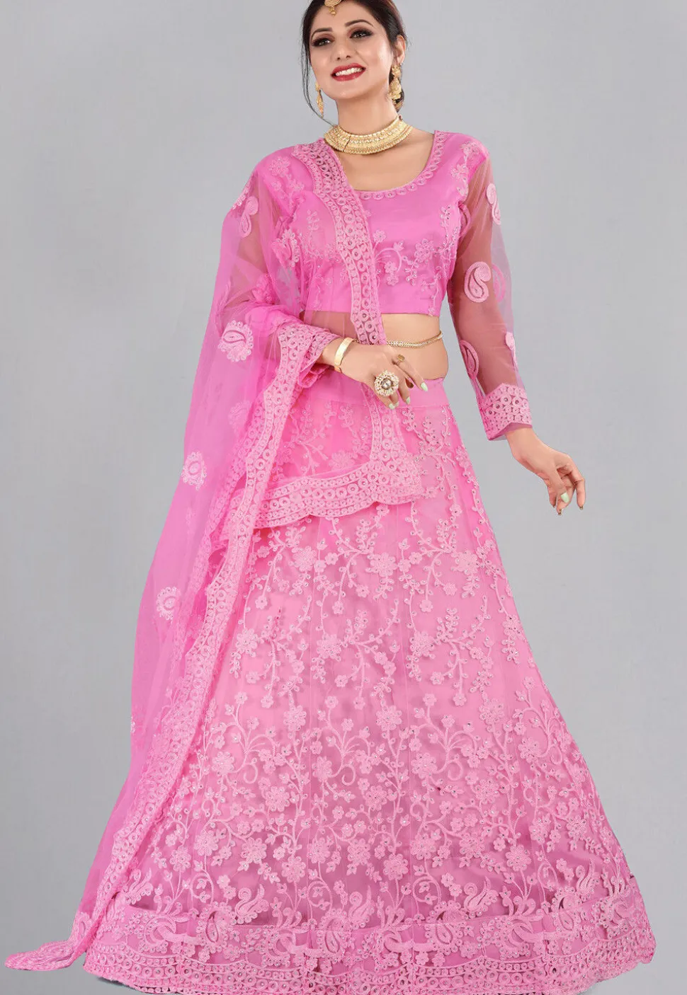Embroidered Net Lehenga in Baby Pink
