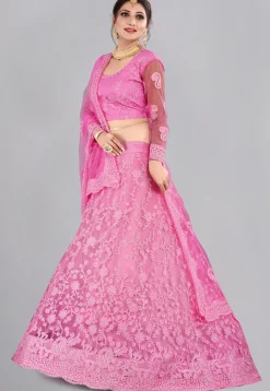 Embroidered Net Lehenga in Baby Pink