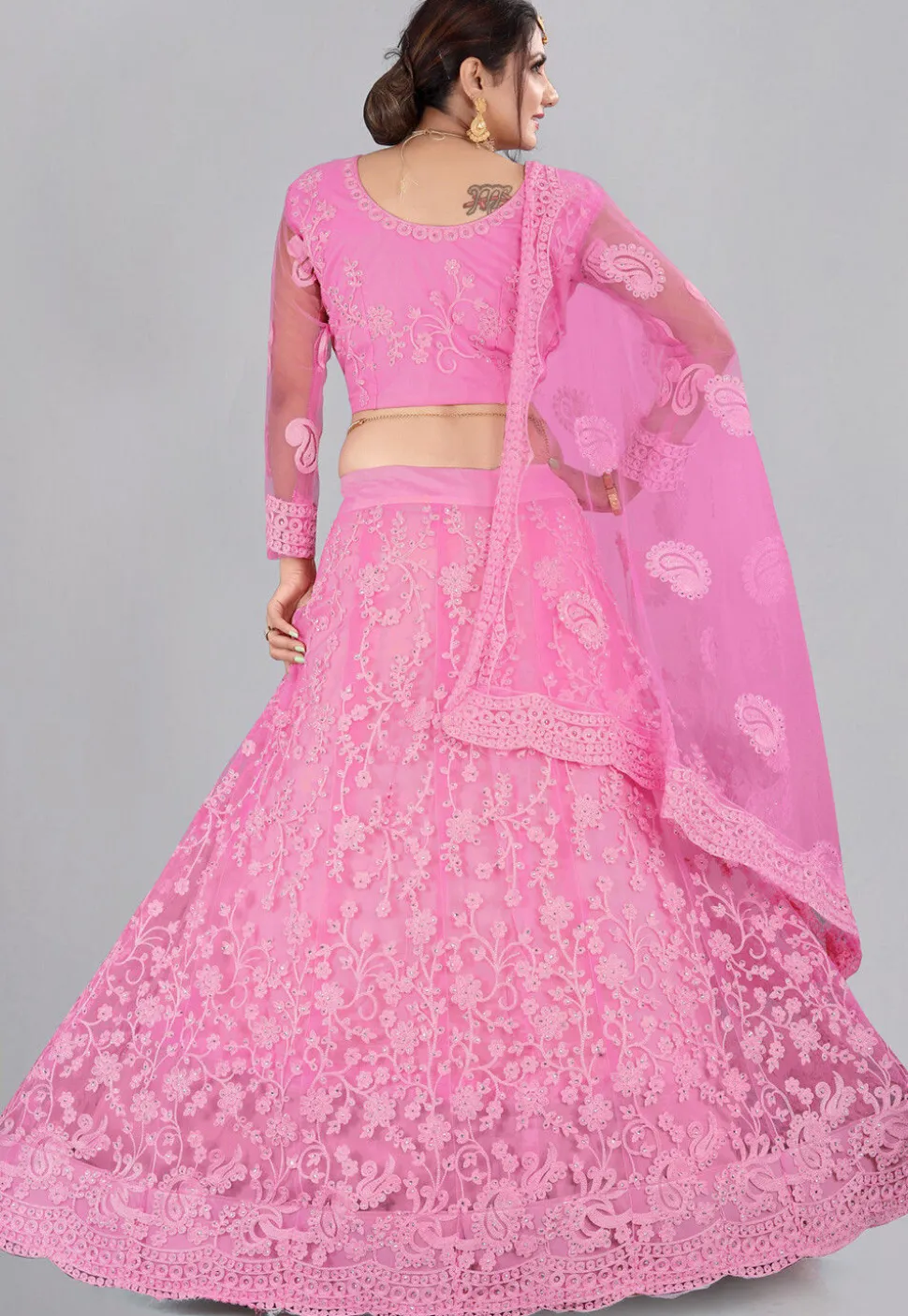 Embroidered Net Lehenga in Baby Pink