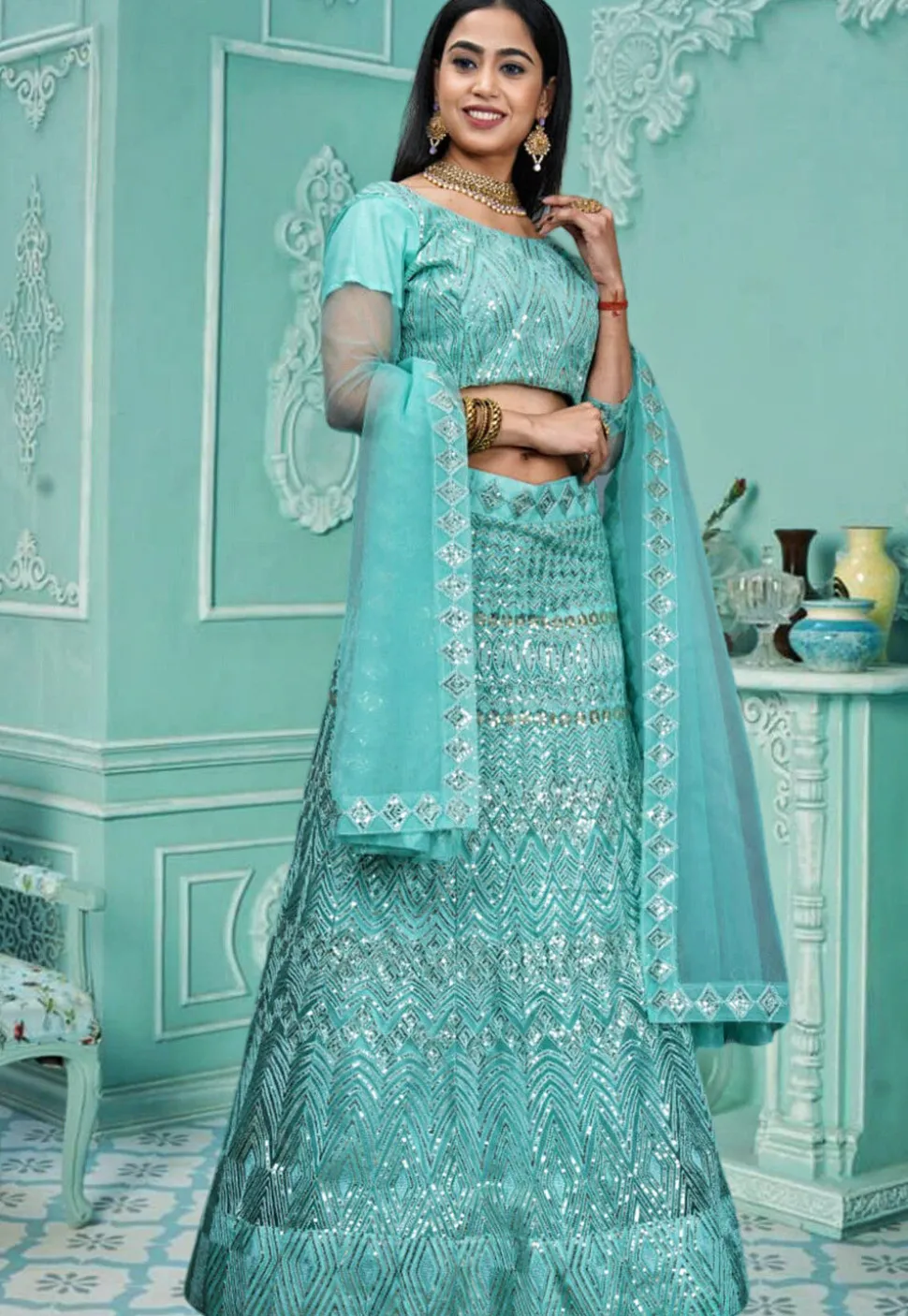 Embroidered Net Lehenga in Sky Blue
