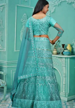 Embroidered Net Lehenga in Sky Blue