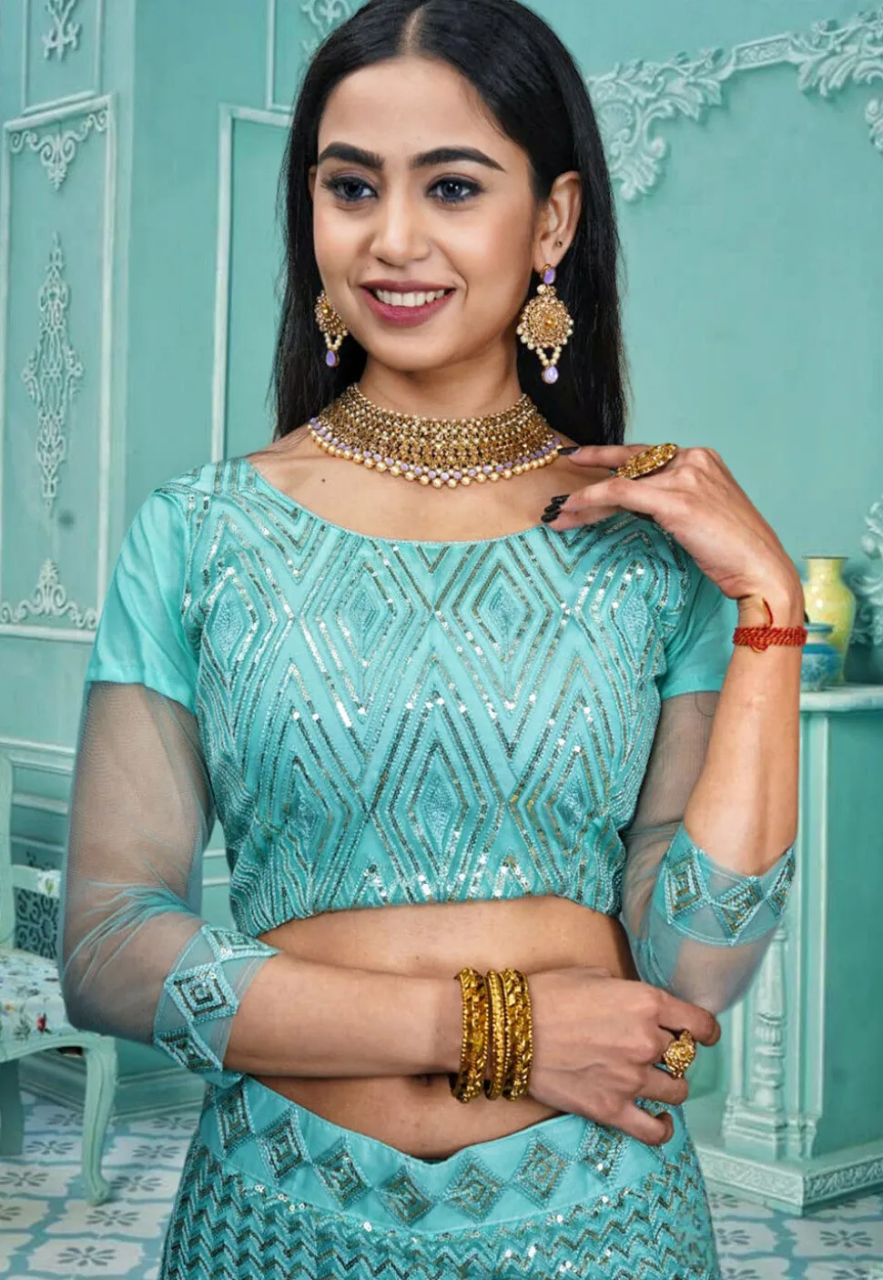 Embroidered Net Lehenga in Sky Blue