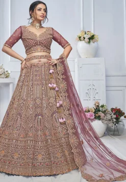 Embroidered Net Lehenga in Purple