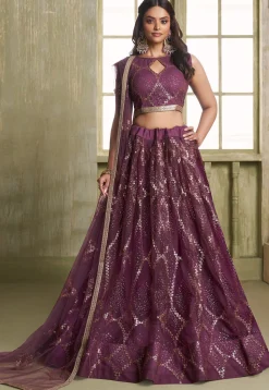 Embroidered Net Lehenga in Purple