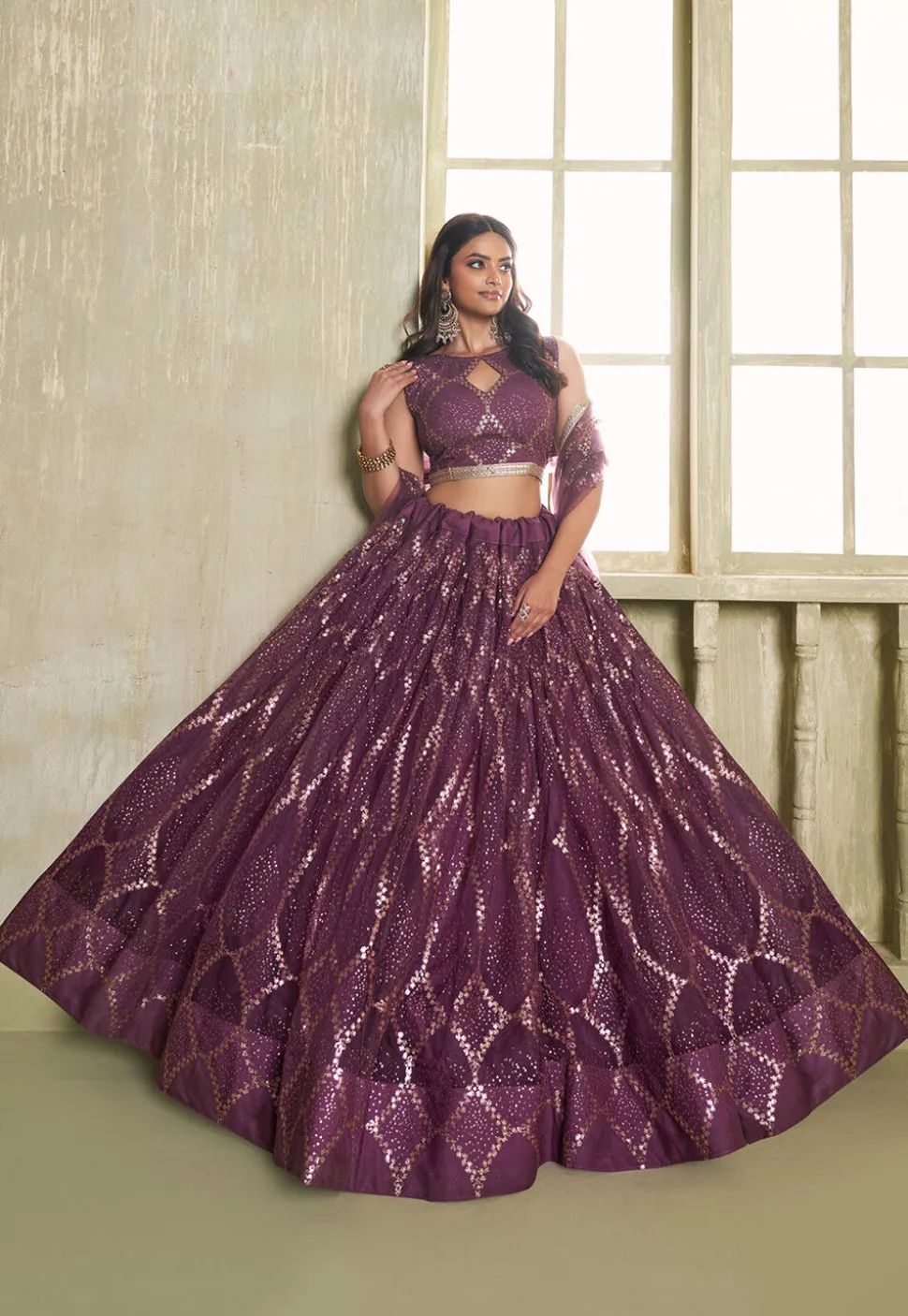 Embroidered Net Lehenga in Purple