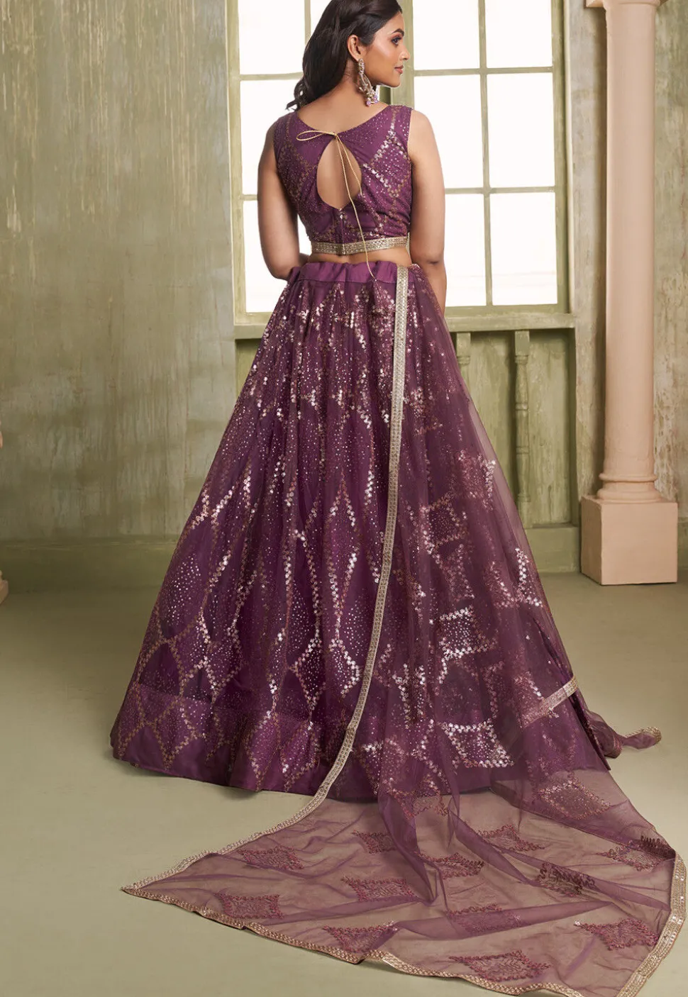 Embroidered Net Lehenga in Purple