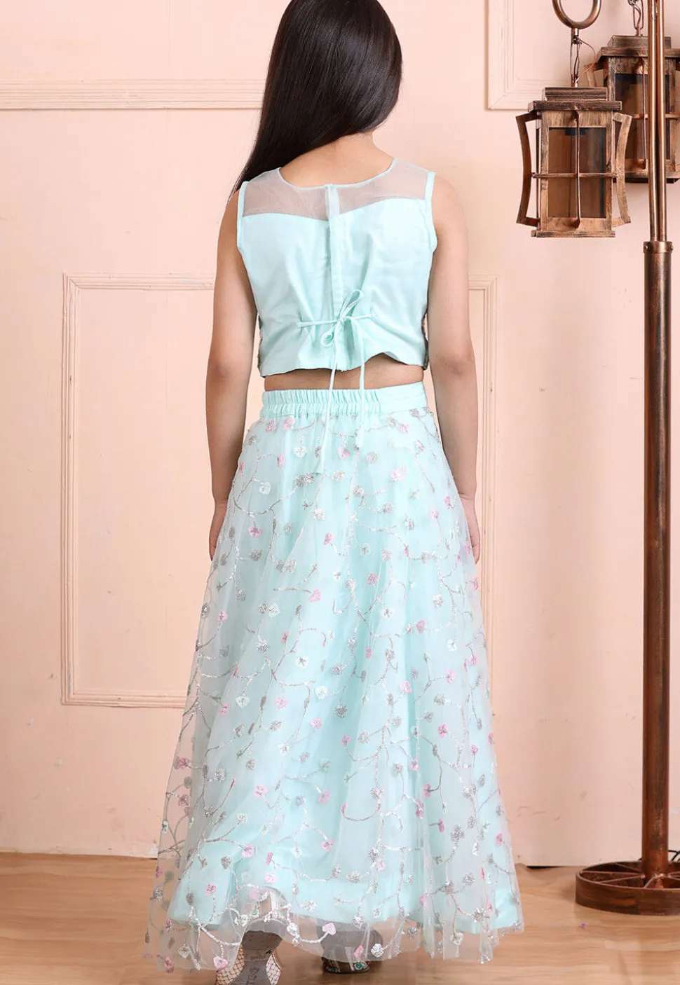 Embroidered Net Lehenga in Light Blue