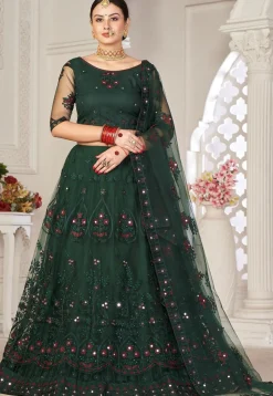 Embroidered Net Lehenga in Dark Green