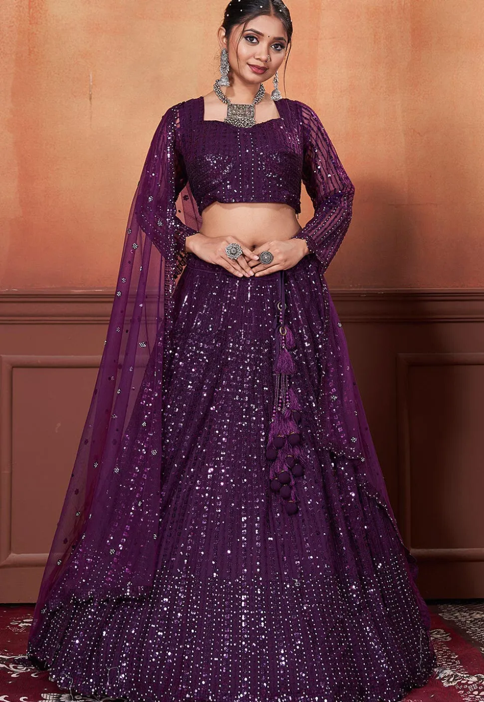 Embroidered Net Lehenga in Dark Purple