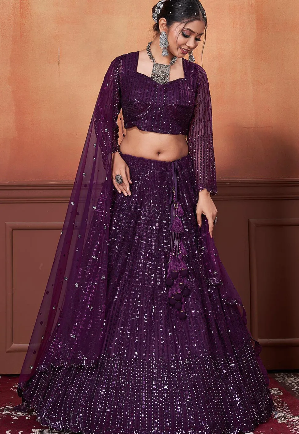 Embroidered Net Lehenga in Dark Purple