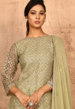 Embroidered Net Lehenga in Pastel Green