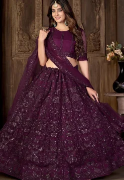 Embroidered Net Lehenga in Wine