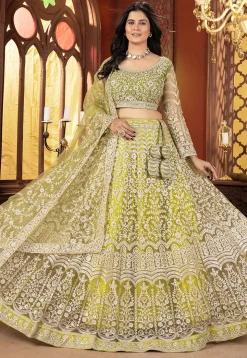 Embroidered Net Lehenga in Light Olive Green