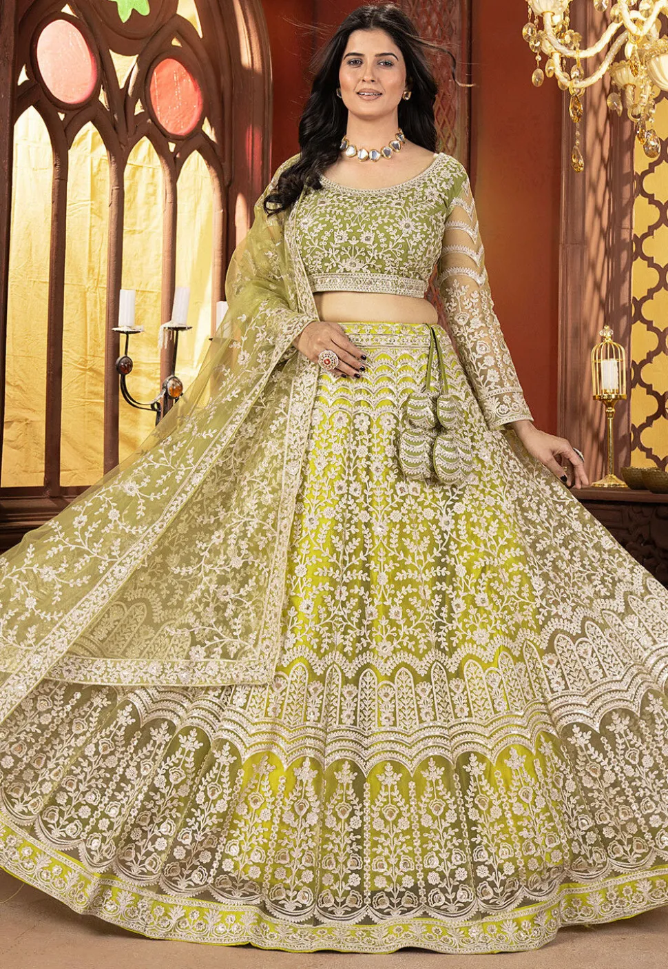 Embroidered Net Lehenga in Light Olive Green