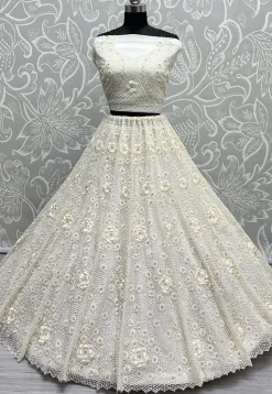 Embroidered Net Lehenga in Off White
