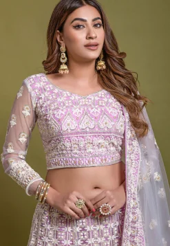 Embroidered Net Lehenga in Purple