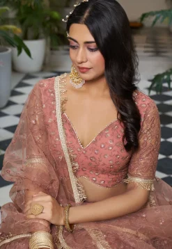 Embroidered Net Lehenga in Peach