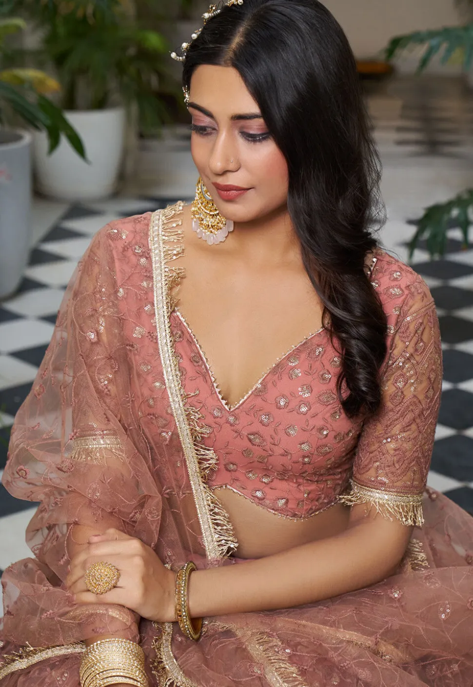 Embroidered Net Lehenga in Peach