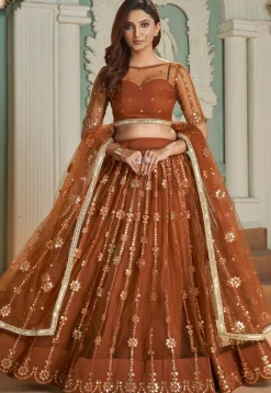Embroidered Net Lehenga in Rust