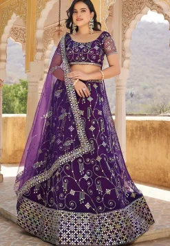 Embroidered Net Lehenga in Purple