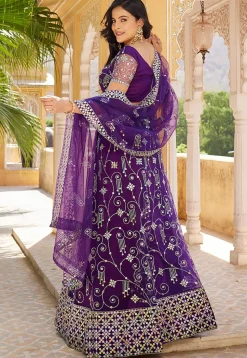 Embroidered Net Lehenga in Purple
