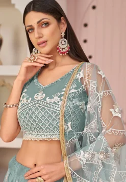 Embroidered Net Lehenga in Dusty Blue