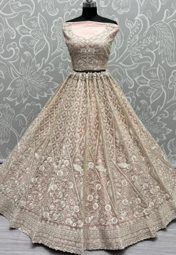 Embroidered Net Lehenga in Peach